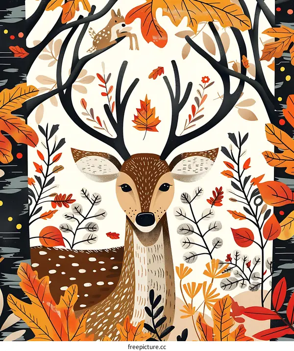 Autumn Deer with Leaves and Branches Illustration
