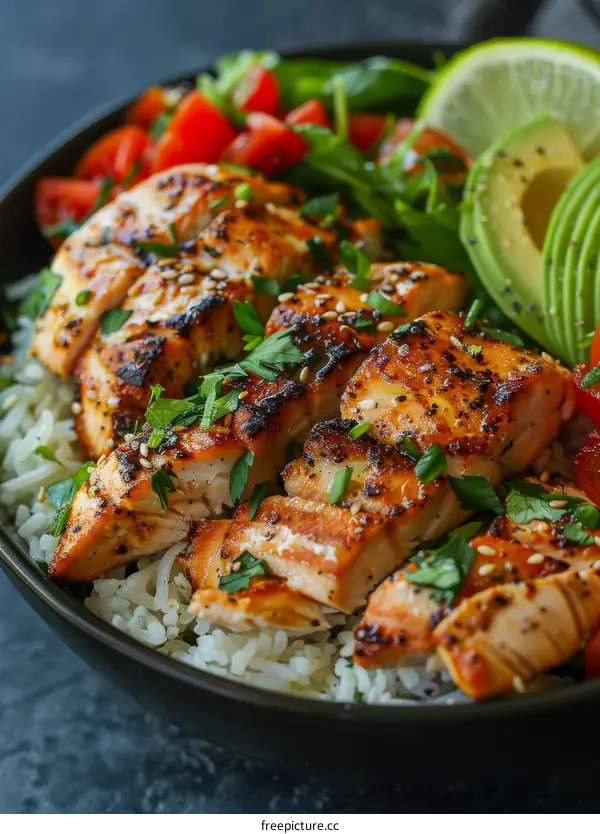 Grilled salmon with avocado, tomato and cucumber salad