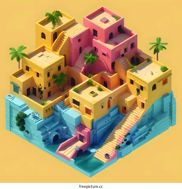Colorful 3D Illustration Of A Small Village