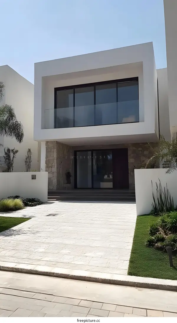 Modern White House With Stone Facade And Glass Doors