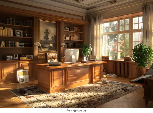 A Sunlit Home Office with a Wooden Desk and Bookshelves