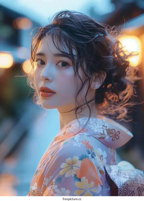 Young Asian Woman in Kimono Under Evening Sky