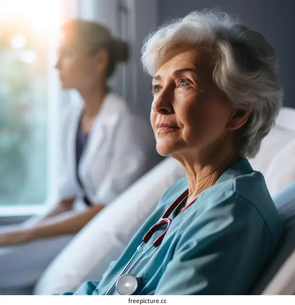Thoughtful senior female patient looking through the window