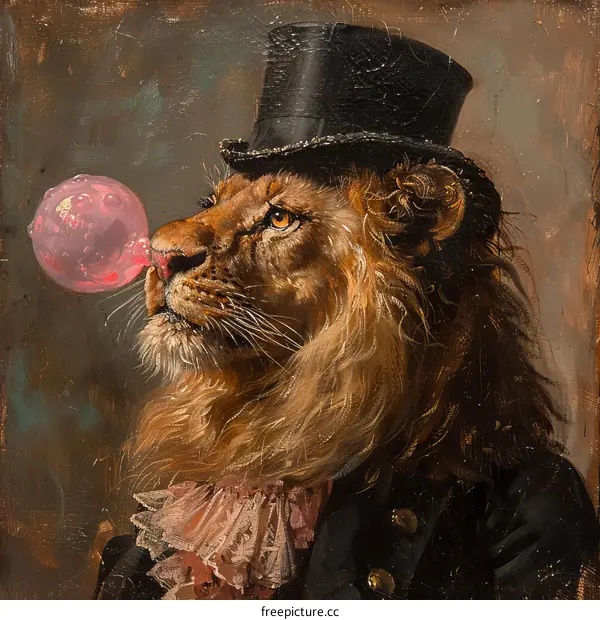 A Lion with a Top Hat Blowing Bubblegum