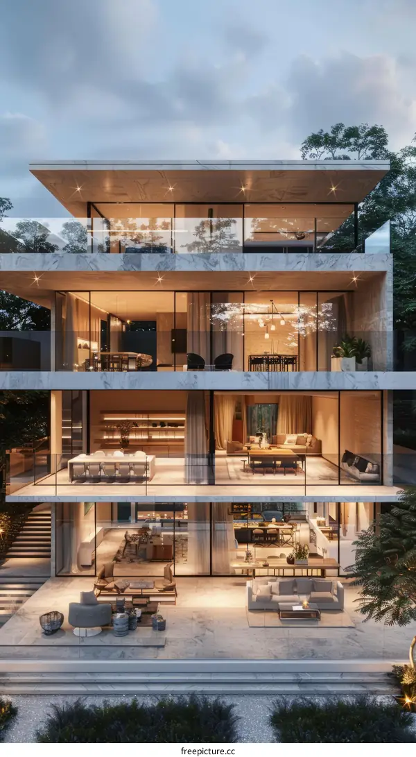 Three-story house with modern glass windows