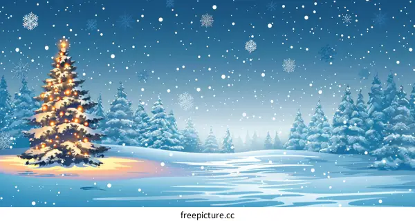 Snowy Winter Night with Christmas Tree Illustration