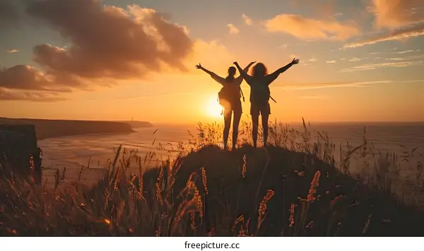 Two Friends Celebrating on a Cliff at Sunset