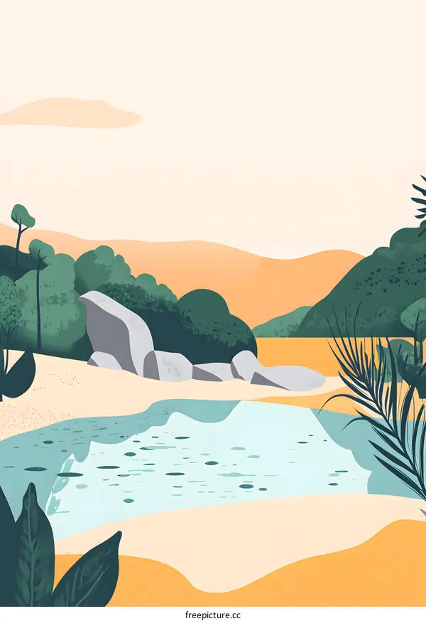 Minimalist Illustration of a Tropical Landscape with a Pond and Palm Trees