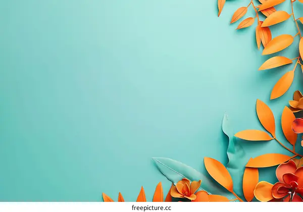 Orange Leaves and Flowers on Turquoise Background