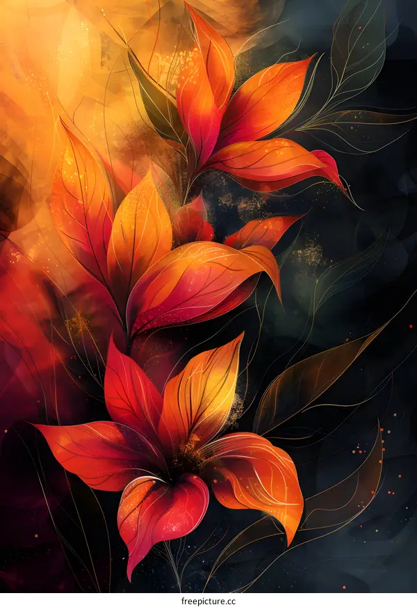 Fantasy flowers in red and orange colors
