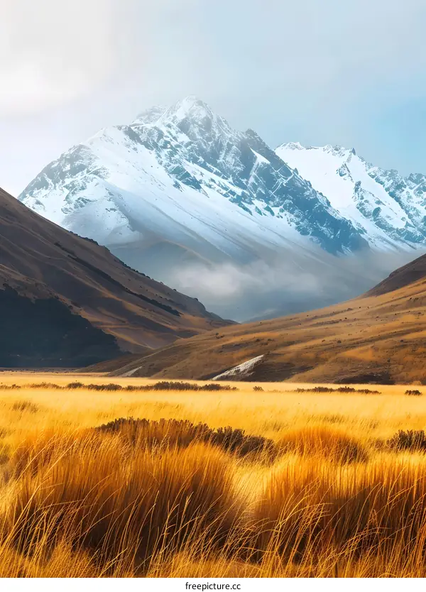 Golden Grasslands Under Snow Capped Mountains