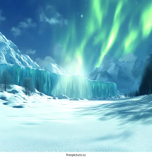 Northern Lights Aurora Borealis Over Snowy Mountains