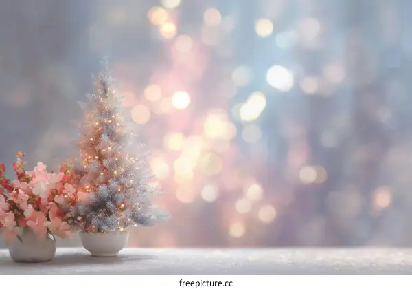 Silver Christmas Tree Decorated with Lights and Bokeh Background