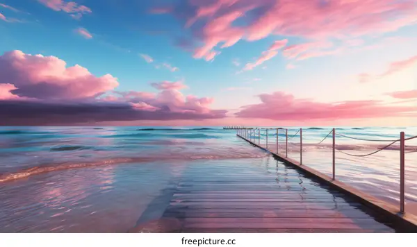 Pink Sunset Sky Over Wooden Dock Extending into Calm Sea