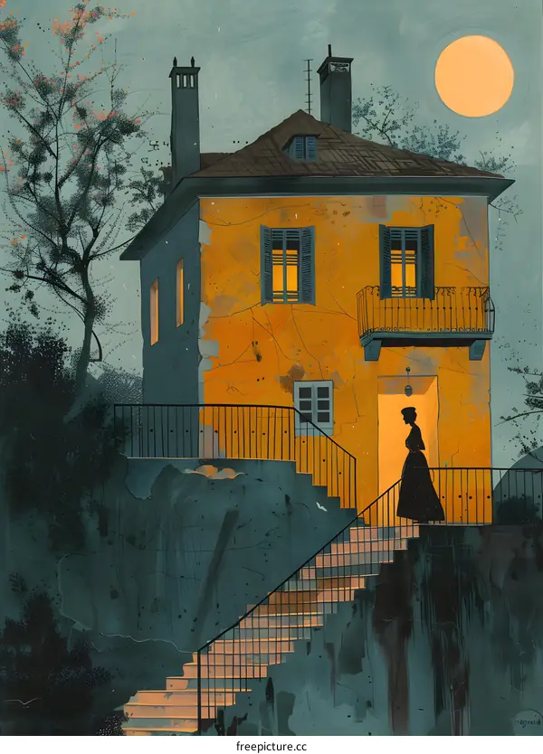 Woman walking into a house