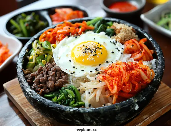 Korean Food Bibimbap with Egg and Side Dishes
