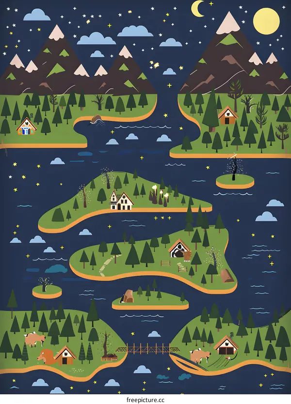 Night Sky Landscape Illustration with Mountains, Forest, and Islands