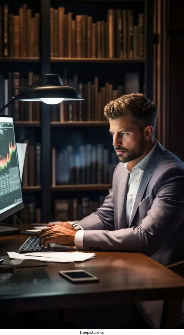A man in a suit is working on a computer in a library.