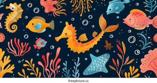 Undersea creatures and plants seamless pattern
