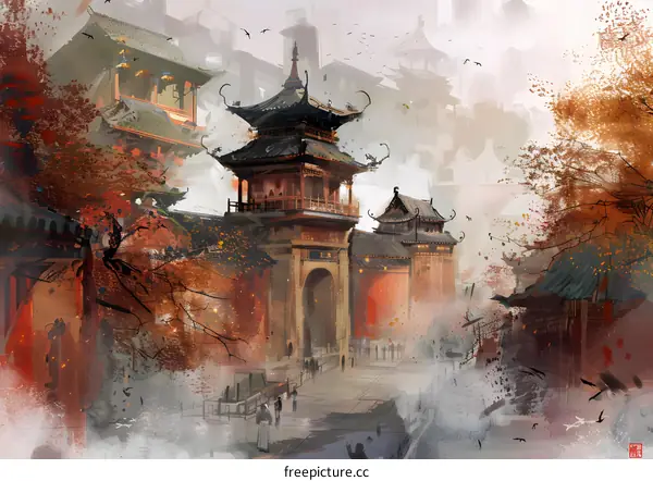 Traditional Chinese Architecture Painting with Foggy Landscape