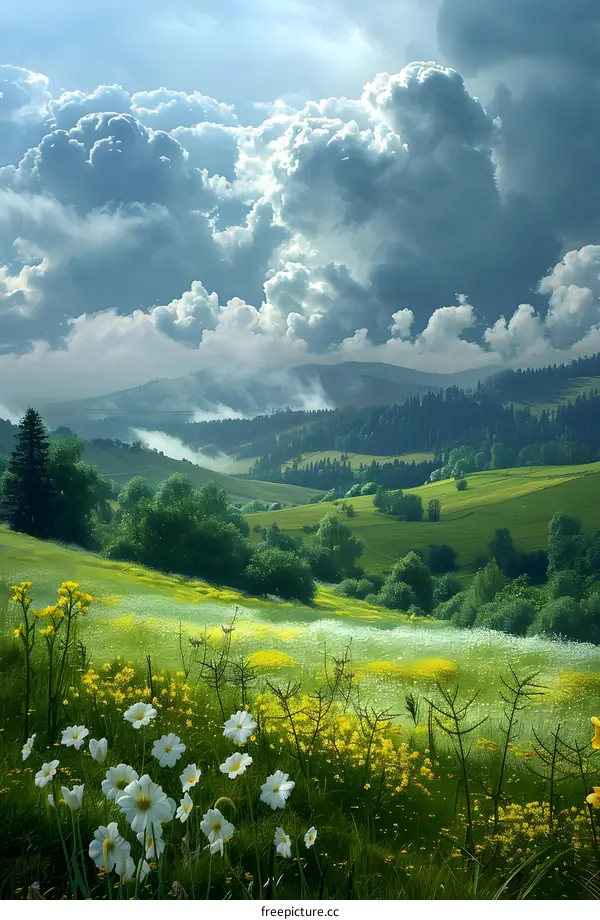 Green rolling hills under a blue sky with white clouds