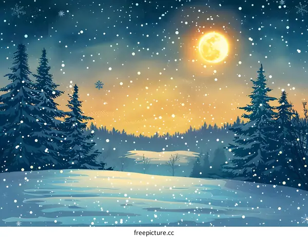 Snowy forest landscape with moon