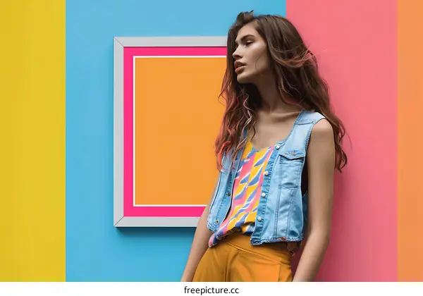 Colorful Wall with a Fashionable Woman Wearing a Denim Vest