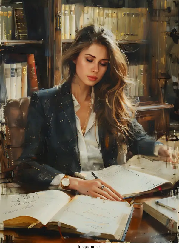 Portrait of a beautiful young woman in a suit sitting at a desk and writing in a book