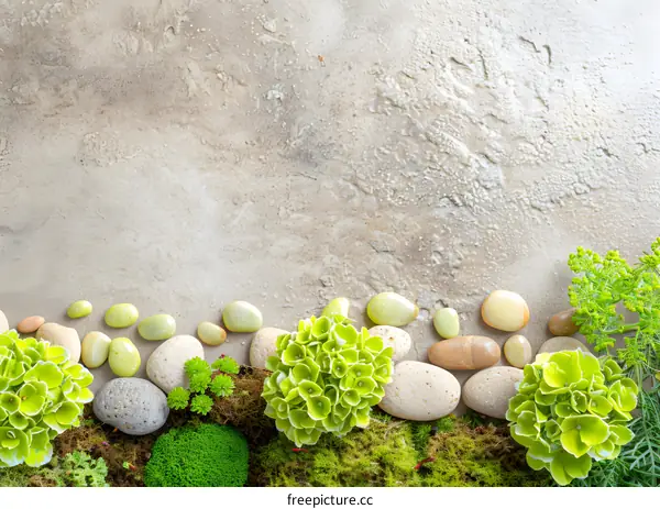 Green Plants and Stones on a Brown Background