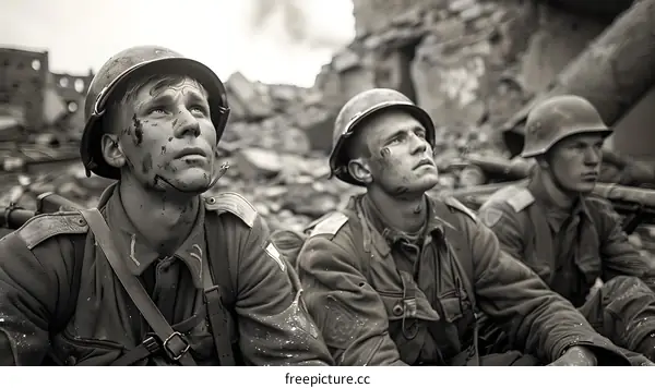 Three soldiers looking up at the sky during the war