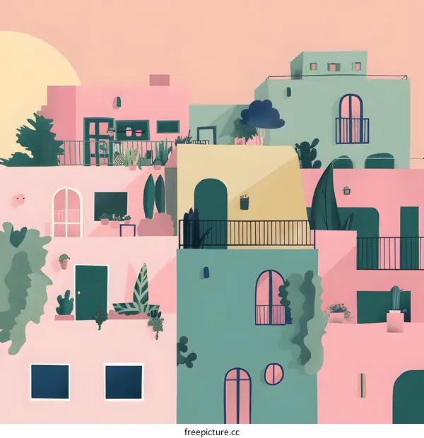 Colorful Buildings Illustration in a Row with Pink, Yellow and Green Tones