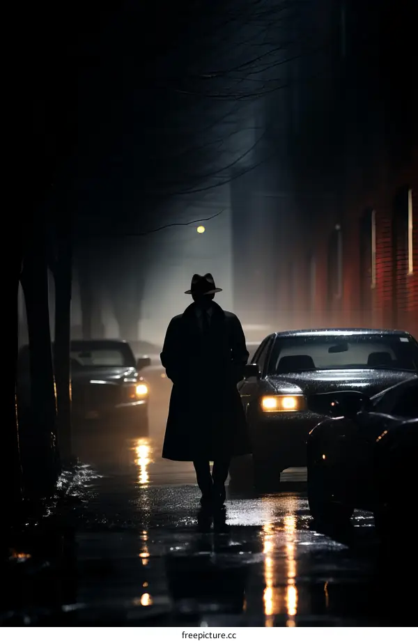 Man in a hat walking down a dark street at night