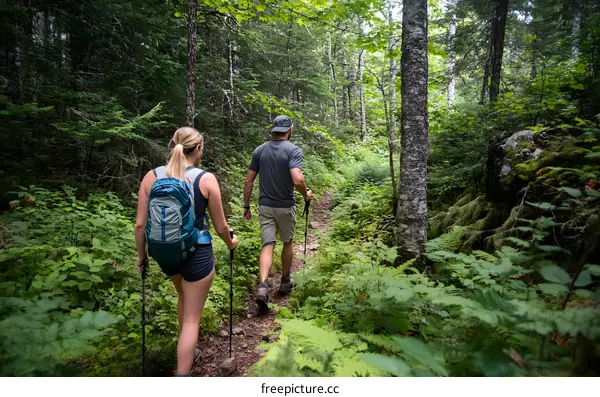 Couple Hiking Through Lush Green Forest