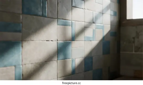 Sunlit tiled wall with blue and white geometric patterns