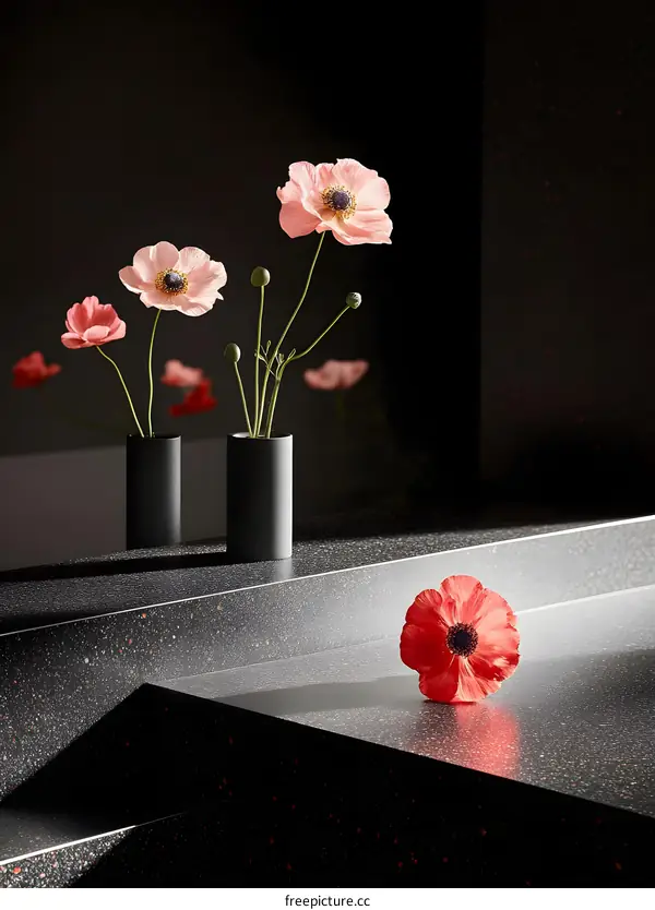 Pink and Red Flowers in Black Vases on a Black Countertop