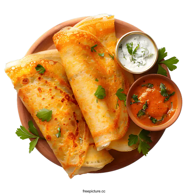 [Transparent Background PNG]Aloo paratha with chutney and yogurt