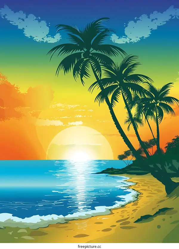 Tropical Sunset Beach Illustration