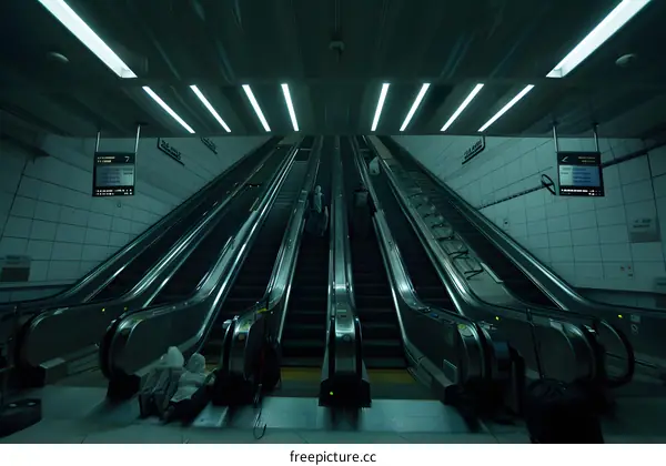 Escalators in the Subway Station, Two People Walking