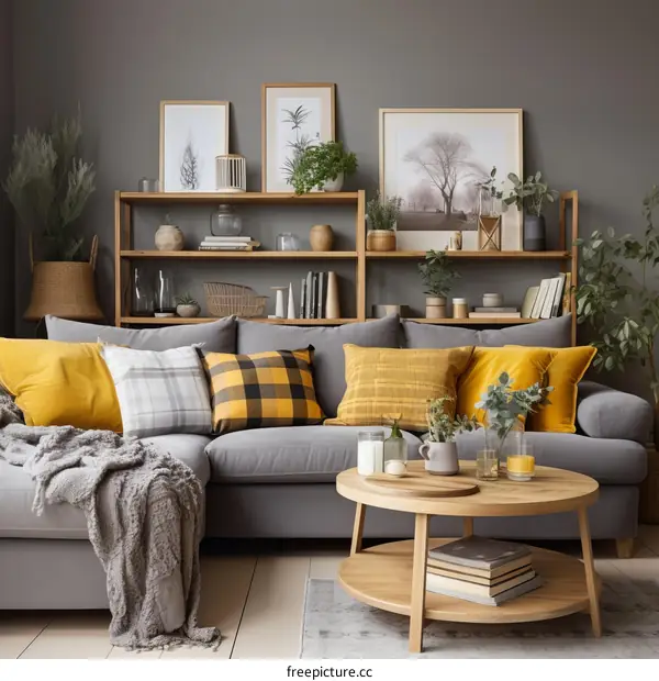 Cozy Scandinavian Living Room with Gray Sofa and Yellow Pillows