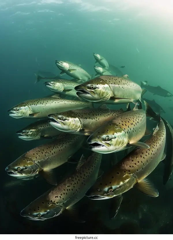 A large school of Atlantic salmon swim in the ocean