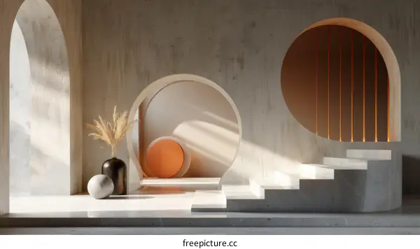 Modern Minimalist Interior with Archways and Podium