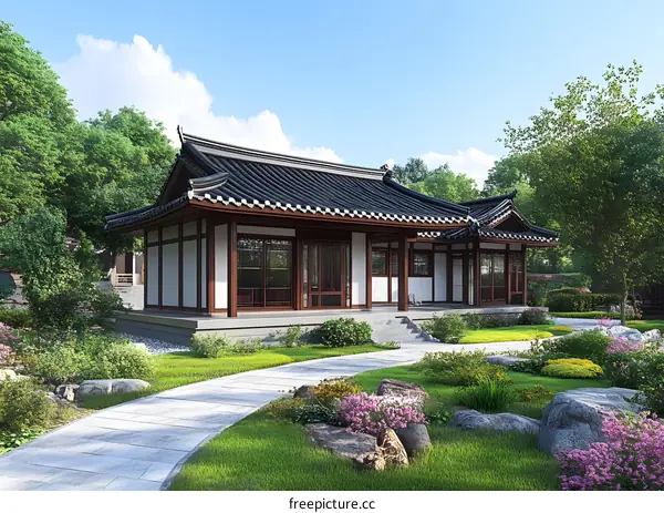 Traditional Asian Architecture with Green Garden and Stone Path