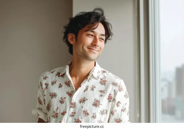 Smiling Asian Man Posing by Window