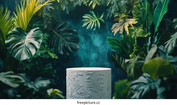 Tropical Plant Background with Empty Cylindrical Display
