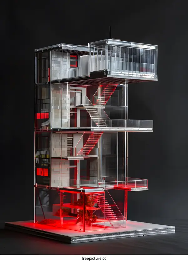 Modern Glass and Concrete Architecture Model with Red Lighting