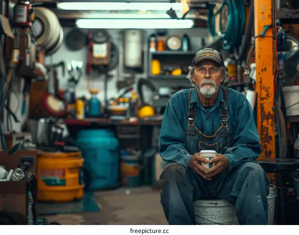 A pensive man sits on a bucket in a cluttered garage