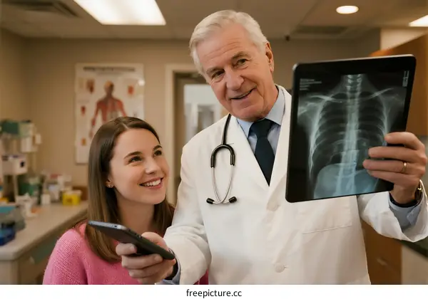 Doctor showing X-ray image to young female patient in clinic