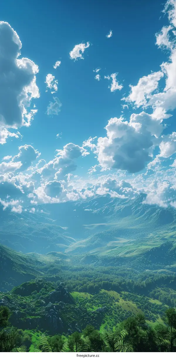 Green Mountain Landscape with Blue Sky and White Clouds