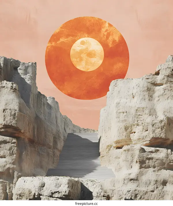 Abstract Art With Stone Mountains And A Big Sun