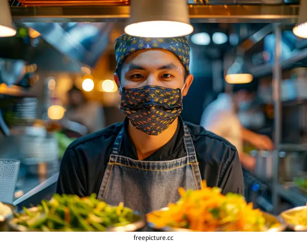 Portrait of an Asian chef wearing a mask in a commercial kitchen